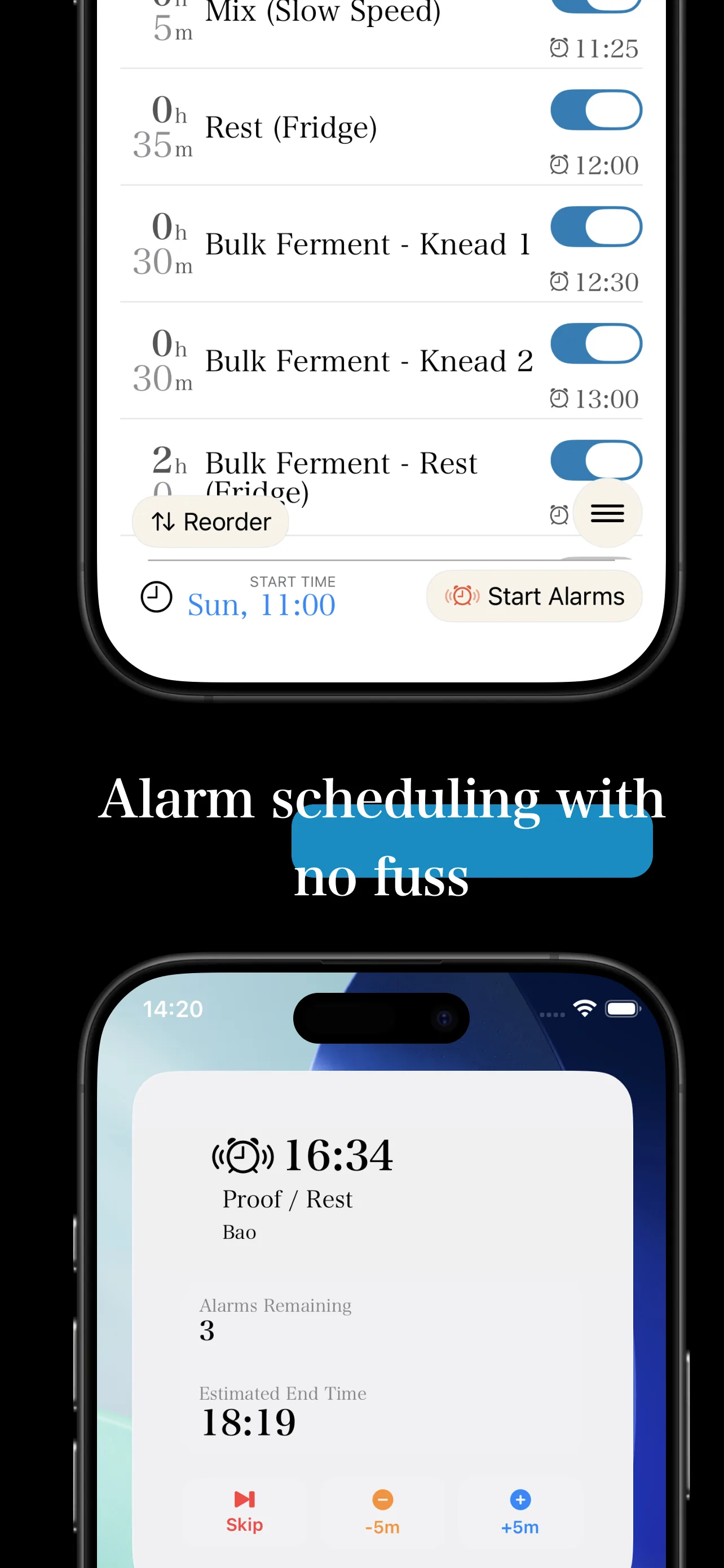 Baker Percentage alarm scheduling screen
