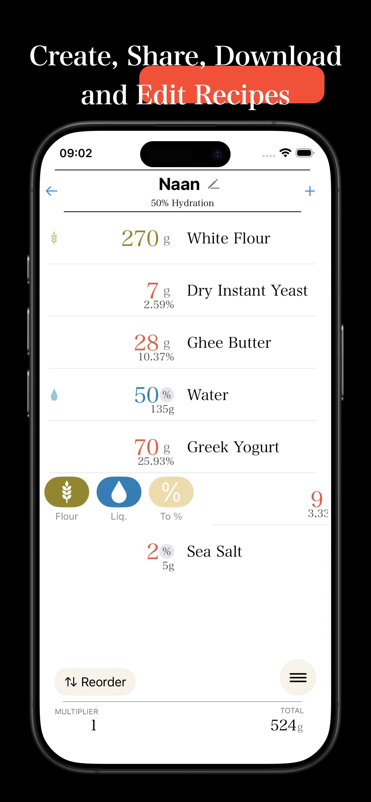 Baker Percentage recipe editor and sharing screen