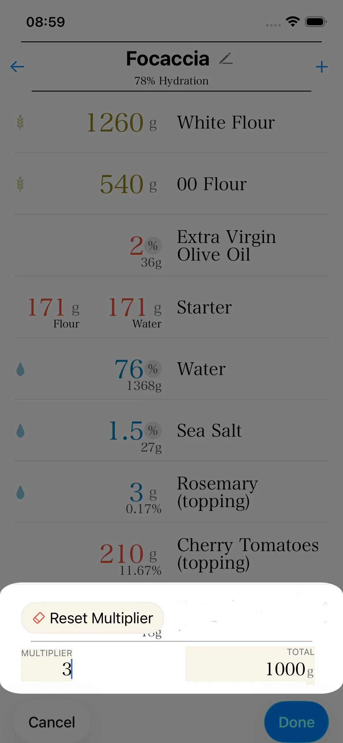 Recipe multiplier tutorial screen